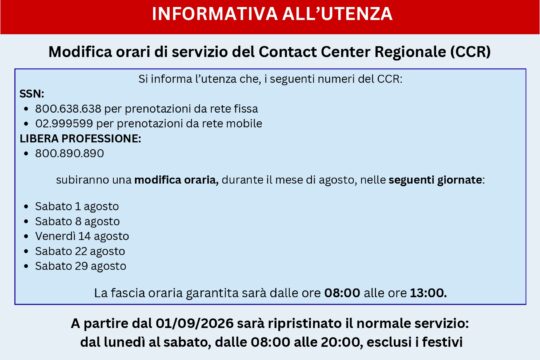Modifica orari Call Center Regionale – Mese di Agosto 2026