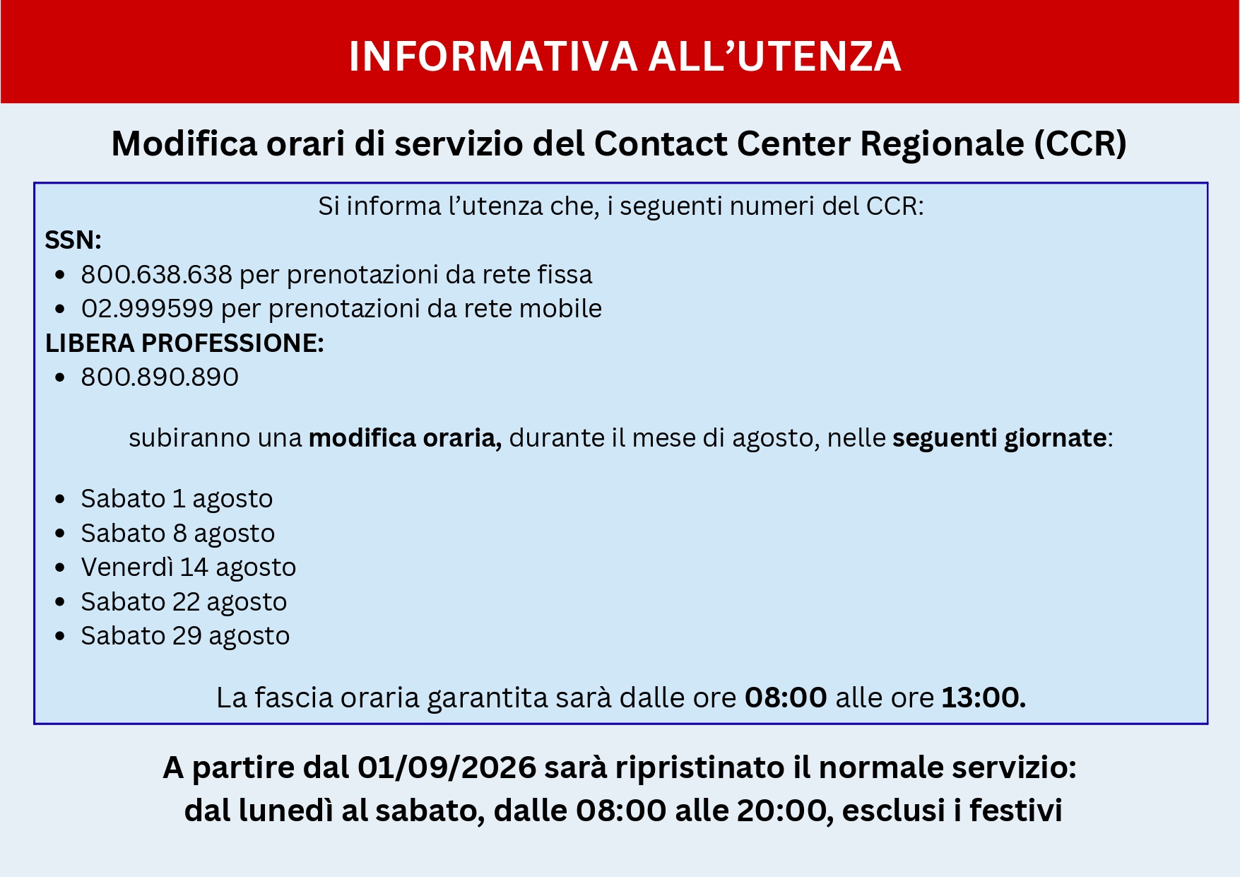 Modifica orari Call Center Regionale – Mese di Agosto 2026