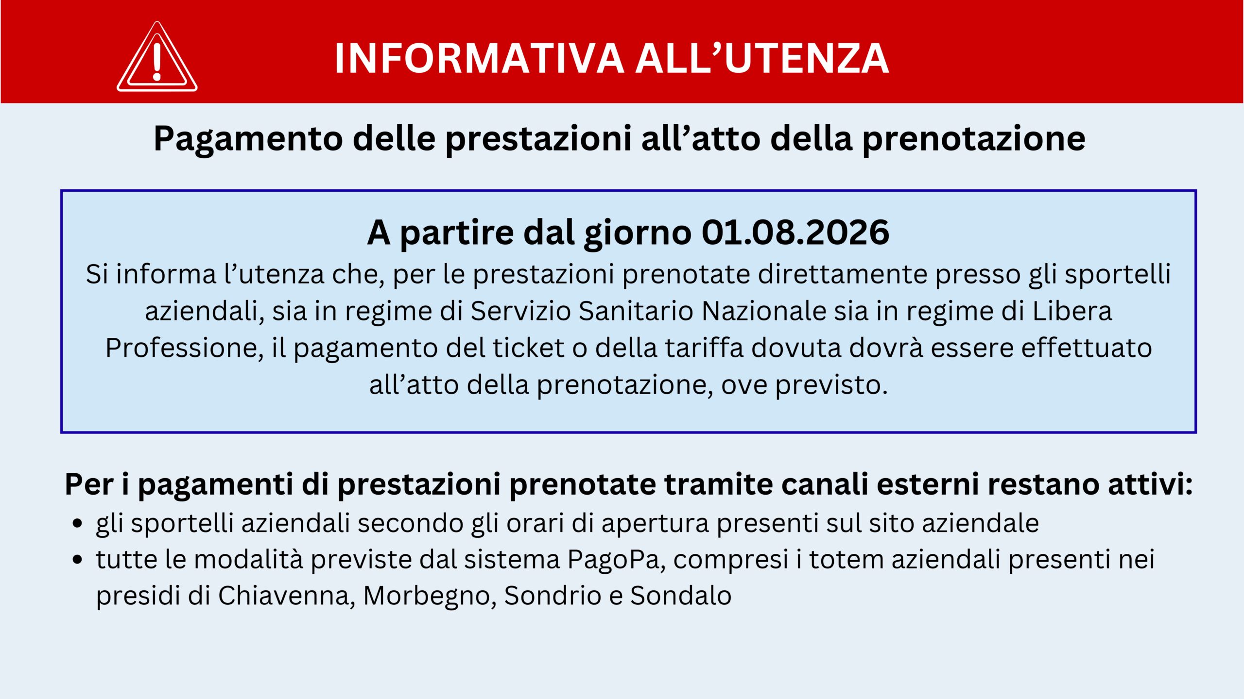 Introduzione pagamento prestazioni ambulatoriali all’atto della prenotazione