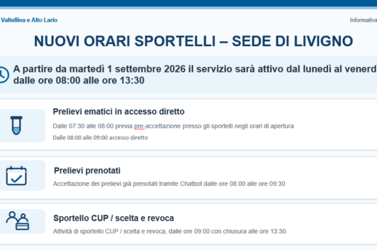NUOVI ORARI SPORTELLI – SEDE DI LIVIGNO