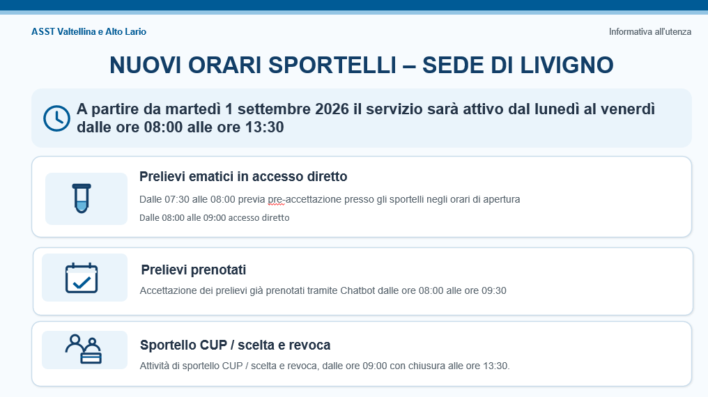 NUOVI ORARI SPORTELLI – SEDE DI LIVIGNO